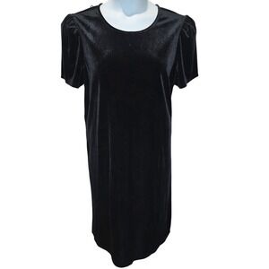Anne Klein Black Velvet Dress Short Sleeve Sz 16 Keyhole Neck Knee Length